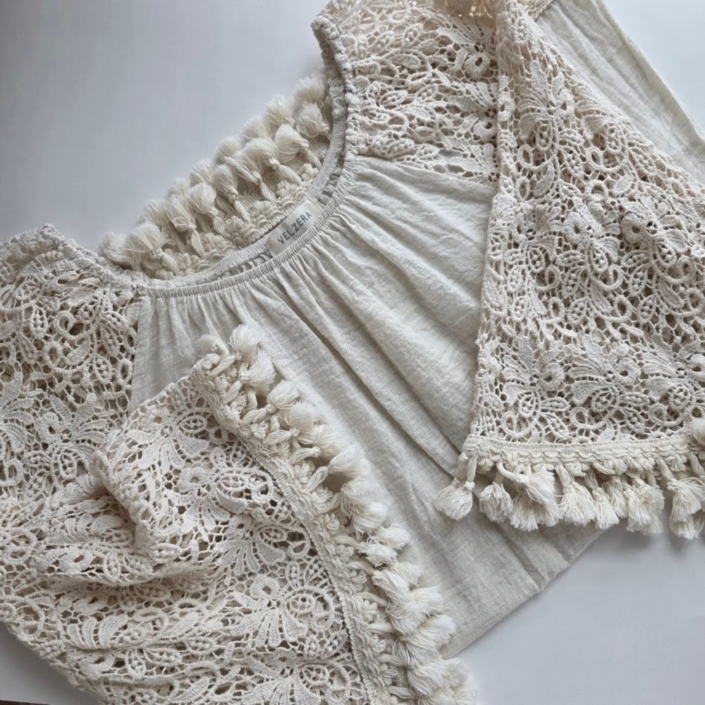 Velzera Cream Lace Tassel Off Shoulder Boho Blouse Cotton L